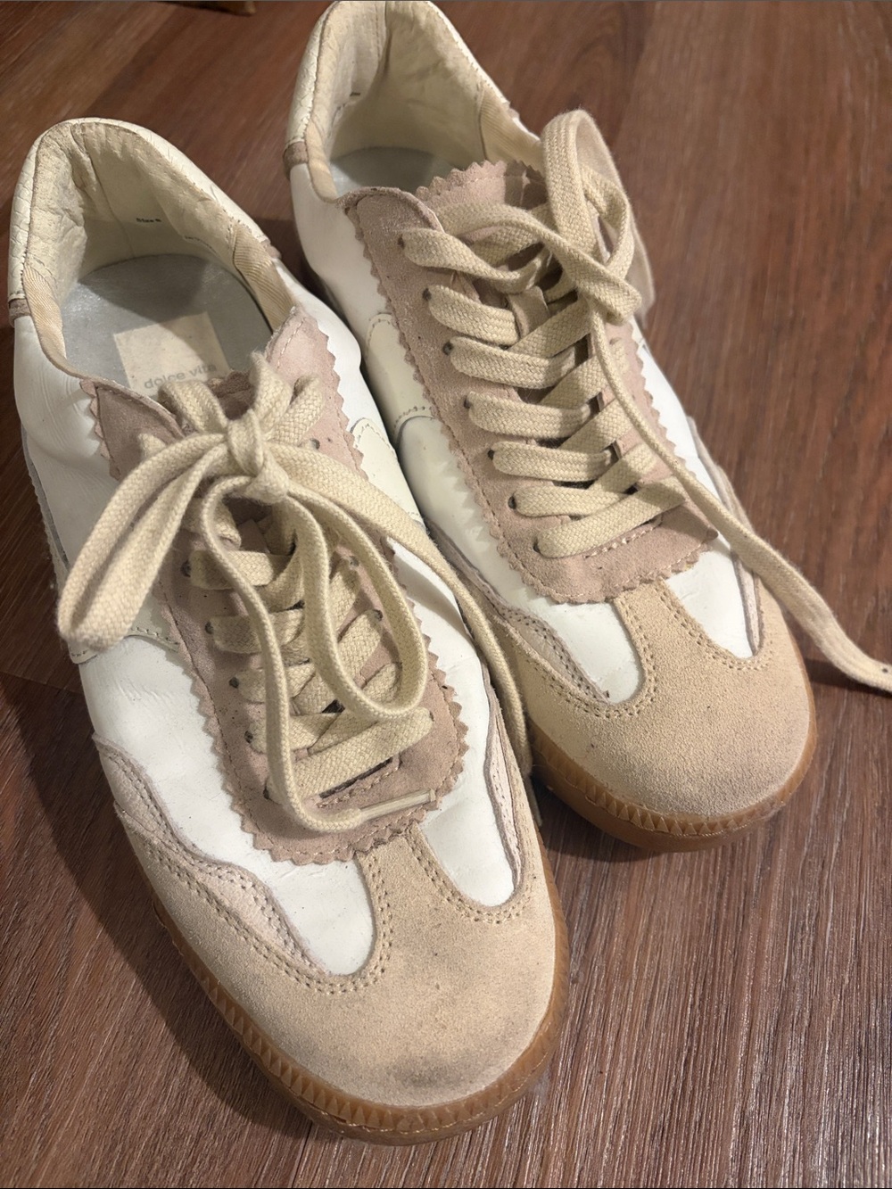 Dolce Vita Beige and White Suede-Trim Lace-Up Sneakers